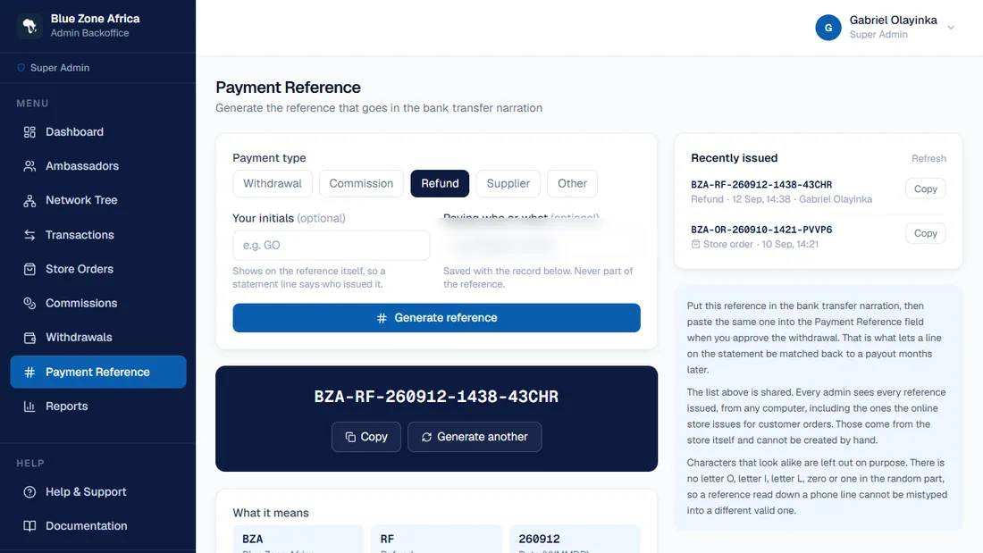 The Blue Zone Africa admin portal, showing the payment-reference tool