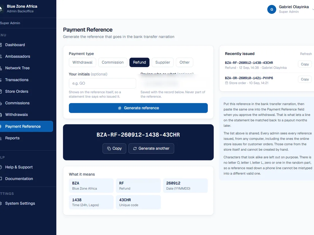 Blue Zone Africa admin backoffice